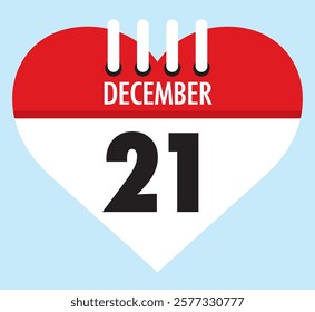 21 December calendar icon red heart shape on light sky blue color background, calendar vector symbol for the month of December.