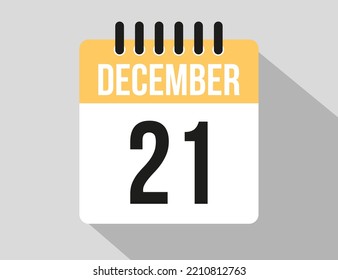 icono vectorial del calendario 21 de diciembre. Fecha de diciembre amarillo para los días del mes y la semana