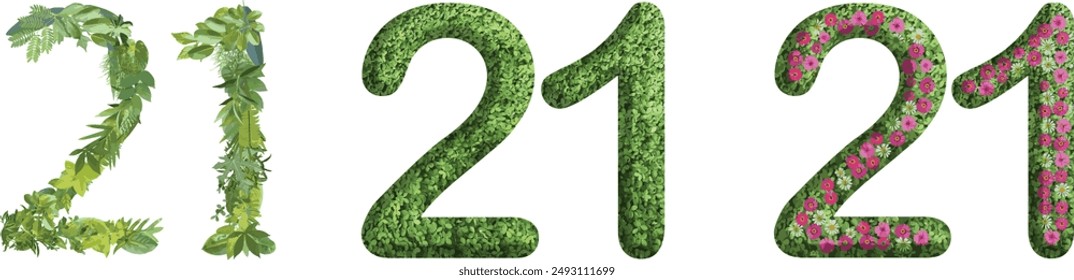 21, design made from green grass, leaves and flower, .suitable for birthday, anniversary and memorial day templates, go green concept	
