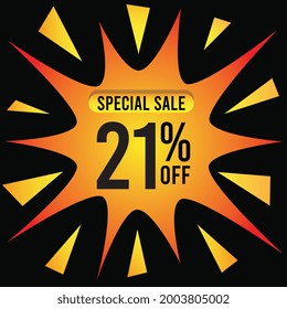 21% de descuento para oferta especial. Cartel con el 21 por ciento de descuento en una salpicadura de oro
