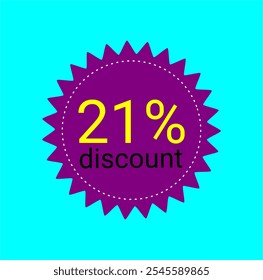 21% discount tag. Purple and yellow label. Store promotions, online commerce sales. Twenty one percent off.