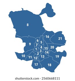 The 21 districts of Madrid city in Spain