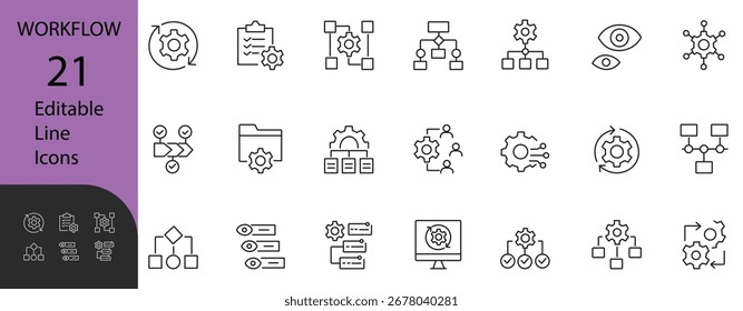 21 editable line icons for workflow, process, automation, project, and business management. Perfect for and presentations.