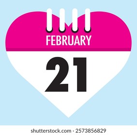 21 February calendar icon heart shape on light sky blue color background, calendar vector symbol for the month of February.