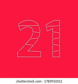 21 font, linear stroke number. Modern trendy, creative style design. For logo, brand label, design elements, corporate identity, application and more. İsolated vector illustration