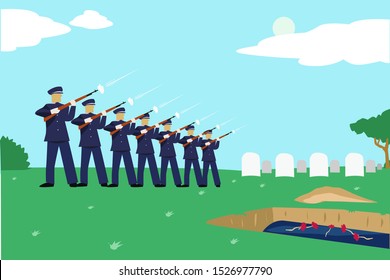 21 Gun Salute At A Memorial Park Concept Drawing With A Coffin Lowered Underground. Editable Clip Art.