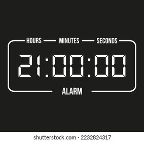 21 Stunden digitaler Alarm. Weiße und schwarze Uhr der Zeitmarke. Banner für Termine und Termine