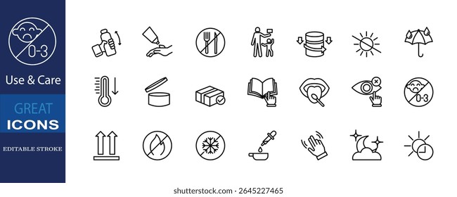 A 21 icon editable stroke set themed around “Use Care” for packaging. Minimalist, scalable, and ideal for cosmetics, pharmaceuticals, and food packaging.