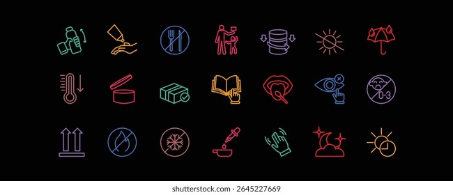 A 21 icon editable stroke set themed around “Use  Care” for packaging. Minimalist, scalable, and ideal for cosmetics, pharmaceuticals, and food packaging.