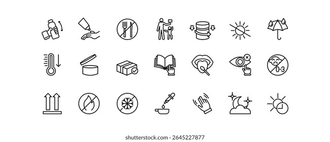 A 21 icon editable stroke set themed around “Use Care” for packaging. . Minimalist, scalable, and ideal for cosmetics, pharmaceuticals, and food packaging.