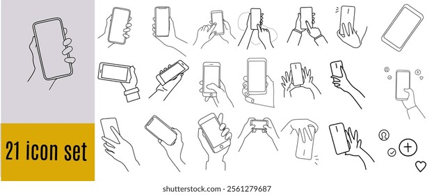 21 icon set of hand holding a smartphone on a white background