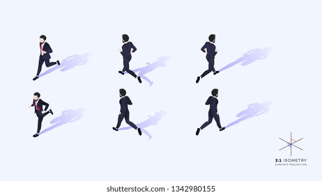 2:1 Isometry. 3d Running Business People. Conceptual Isometric Illustration. Dimetric Video Game Ready Projection