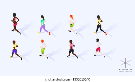 2:1 Isometry. 3d Running People. Conceptual Isometric Illustration. Dimetric Video Game Ready Projection