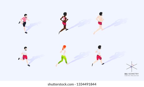 2:1 Isometry. 3d Running People. Conceptual Isometric Illustration. Dimetric Video Game Ready Projection