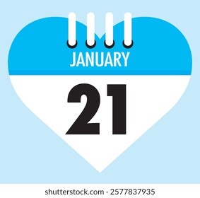 21 January calendar icon sky blue heart shape on light sky blue color background, calendar vector symbol for the month of January.