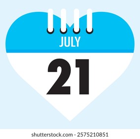 21 July calendar icon sky blue heart shape on light sky blue color background, calendar vector symbol for the month of July.