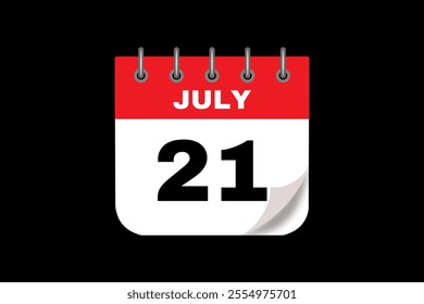 21 July calendar icon text page monthly web design on red, white and black background vector, icon, or illustration with the month of July 21