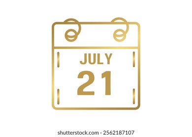 21 July calendar icon text page monthly web design on golden and white background vector, icon, or illustration with the month of July 21