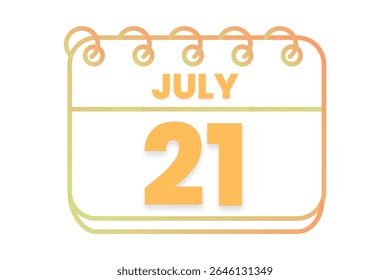 21 julho mês vetor dia único, ilustração, calendário com laranja, amarelo, marrom e branco ícone de calendário de fundo de cor de 21 de julho