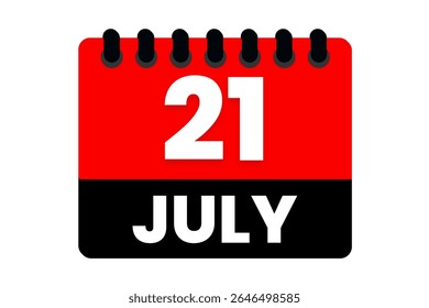 21 julho mês vetor dia único, ilustração, calendário com vermelho, preto e branco ícone de calendário de fundo de cor de 21 de julho
