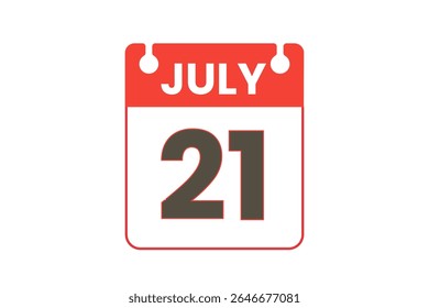 21 julho mês vetor dia único, ilustração, calendário com vermelho, preto e branco ícone de calendário de fundo de cor de 21 de julho