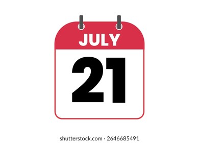 21 julho mês vetor dia único, ilustração, calendário com vermelho, preto e branco ícone de calendário de fundo de cor de 21 de julho
