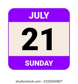 21 July, Sunday. Date template. Useful design for calendar or event promotion. Vector illustration EPS 10 File. Isolated on white background. 