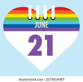 21 June calendar icon pride color heart shape on light sky blue color background, calendar vector symbol for the month of  June.