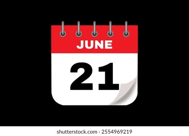 21 June calendar icon text page monthly web design on red, white and black background vector, icon, or illustration with the month of June 21