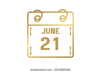 21 June calendar icon text page monthly web design on golden and white background vector, icon, or illustration with the month of June 21