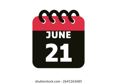 21 June calendar icon text page monthly web design on red, black and white background vector, icon, or illustration with the month of June 21