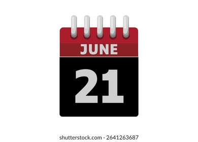 21 June calendar icon text page monthly web design on red, black and white background vector, icon, or illustration with the month of June 21