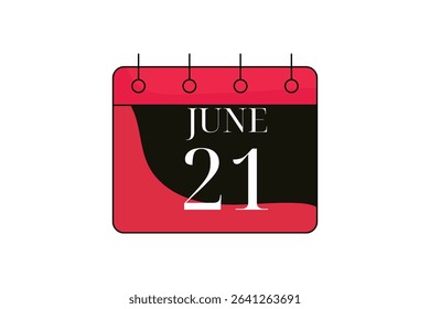 21 June calendar icon text page monthly web design on red, black and white background vector, icon, or illustration with the month of June 21