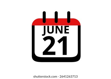 21 June calendar icon text page monthly web design on red, black and white background vector, icon, or illustration with the month of June 21