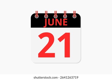 21 June calendar icon text page monthly web design on red, black and white background vector, icon, or illustration with the month of June 21