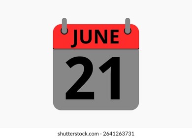 21 June calendar icon text page monthly web design on red, black and white background vector, icon, or illustration with the month of June 21