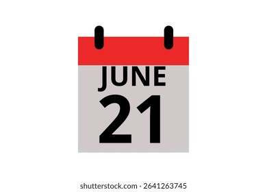 21 June calendar icon text page monthly web design on red, black and white background vector, icon, or illustration with the month of June 21
