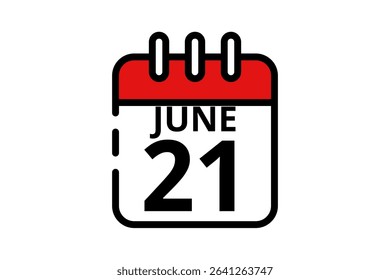 21 June calendar icon text page monthly web design on red, black and white background vector, icon, or illustration with the month of June 21