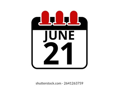21 June calendar icon text page monthly web design on red, black and white background vector, icon, or illustration with the month of June 21