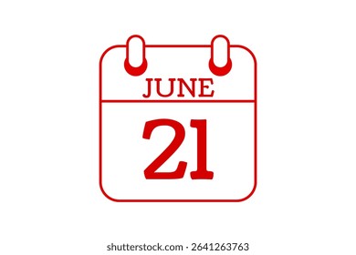 21 June calendar icon text page monthly web design on red, black and white background vector, icon, or illustration with the month of June 21