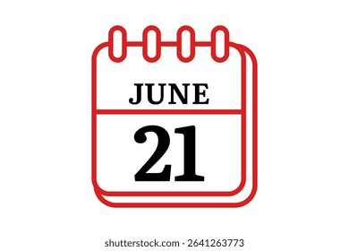 21 June calendar icon text page monthly web design on red, black and white background vector, icon, or illustration with the month of June 21