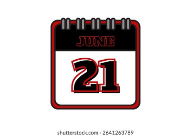 21 June calendar icon text page monthly web design on red, black and white background vector, icon, or illustration with the month of June 21