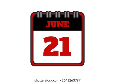21 June calendar icon text page monthly web design on red, black and white background vector, icon, or illustration with the month of June 21