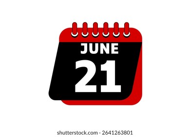21 June calendar icon text page monthly web design on red, black and white background vector, icon, or illustration with the month of June 21