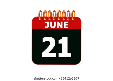 21 June calendar icon text page monthly web design on red, black and white background vector, icon, or illustration with the month of June 21