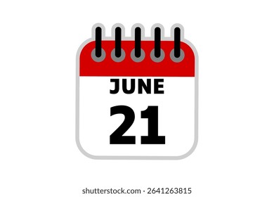 21 June calendar icon text page monthly web design on red, black and white background vector, icon, or illustration with the month of June 21