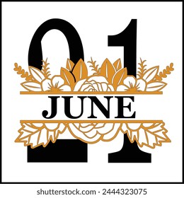 21 June Floral Split Silhouette Counting Vector Design | Print Design | Cut file | Shirt Design | Birthday Gift