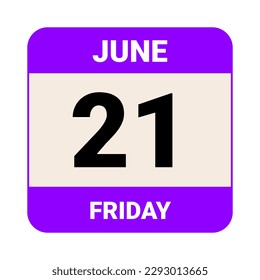 21 June, Friday. Date template. Useful design for calendar or event promotion. Vector illustration EPS 10 File. Isolated on white background. 