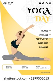 21 June Happy international yoga day banner or poster with woman in meditation yoga post on greensward. Vector illustration