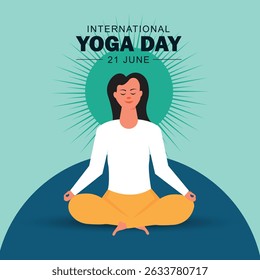 21 June Happy international yoga day poster with woman in meditation yoga pose